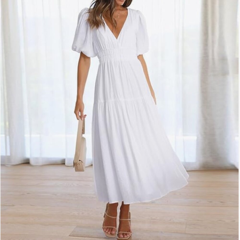Deep V Neck Puffy Sleeve Dress